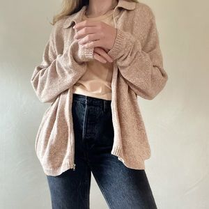 Marled Biege Knit Collared Zip Up